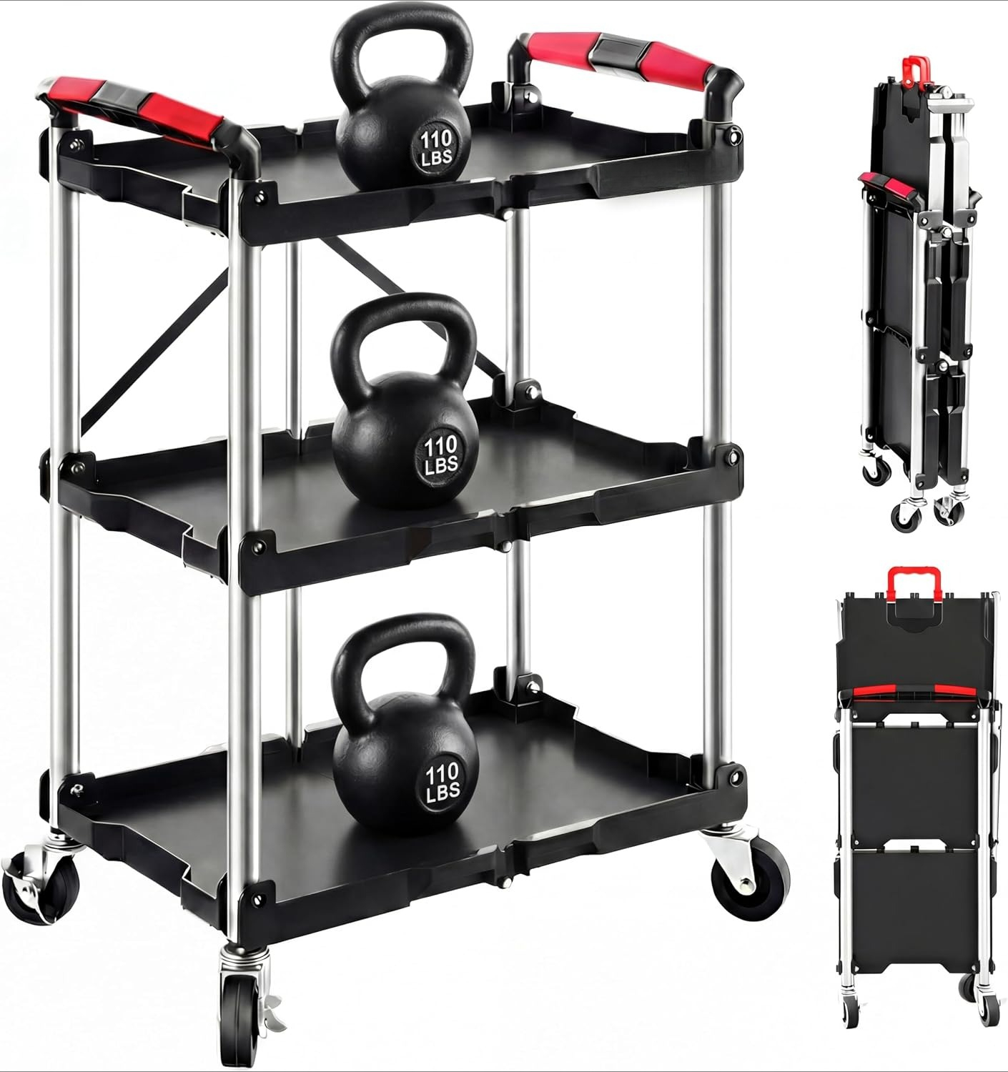 Workshop Tools Storage - Трехъярусная складная тележка-органайзер на колесах, грузоподъемность